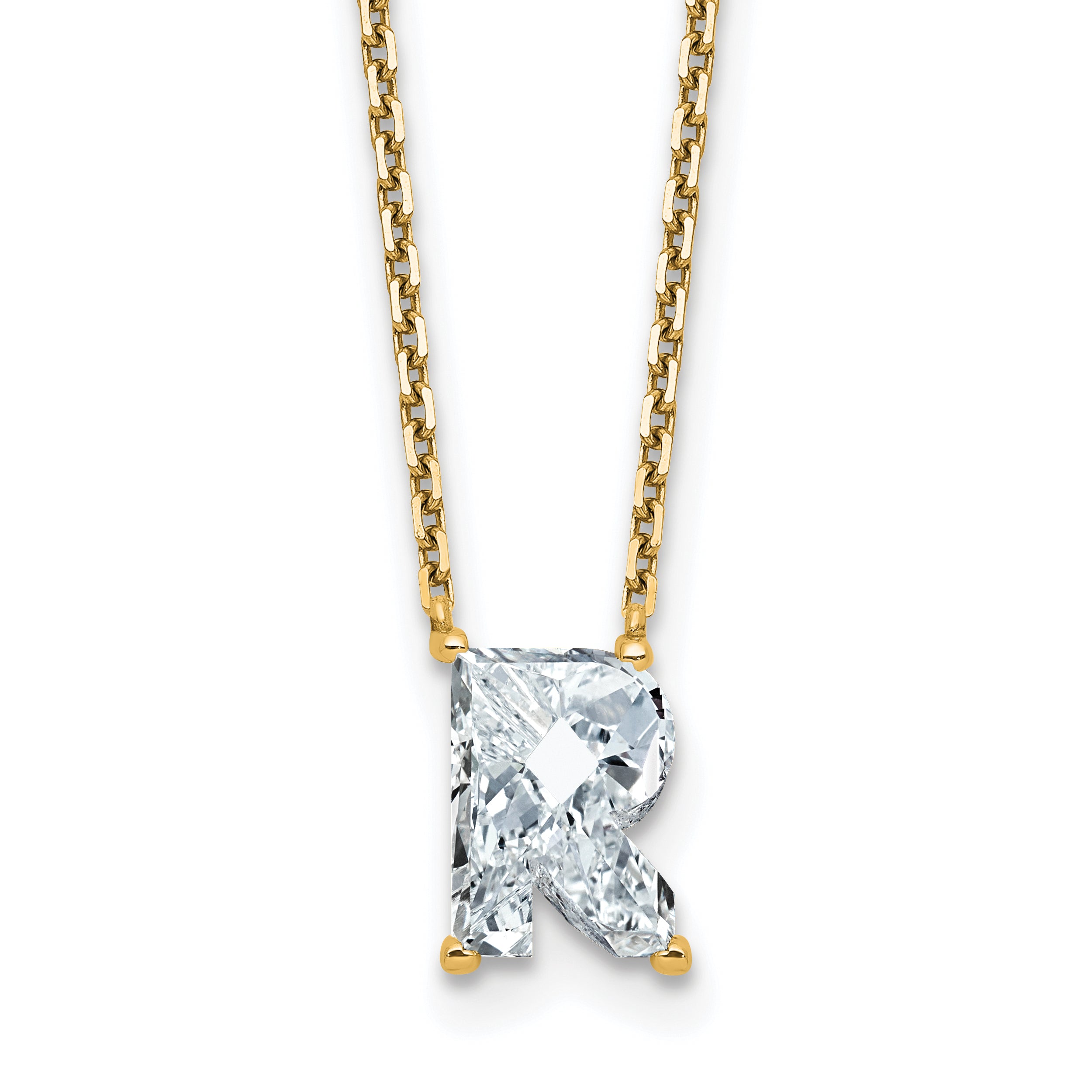 14k 2 1/3 carat Lab Grown Diamond VS+ F+ Complete Letter R Single Stone 18 inch Initial Necklace