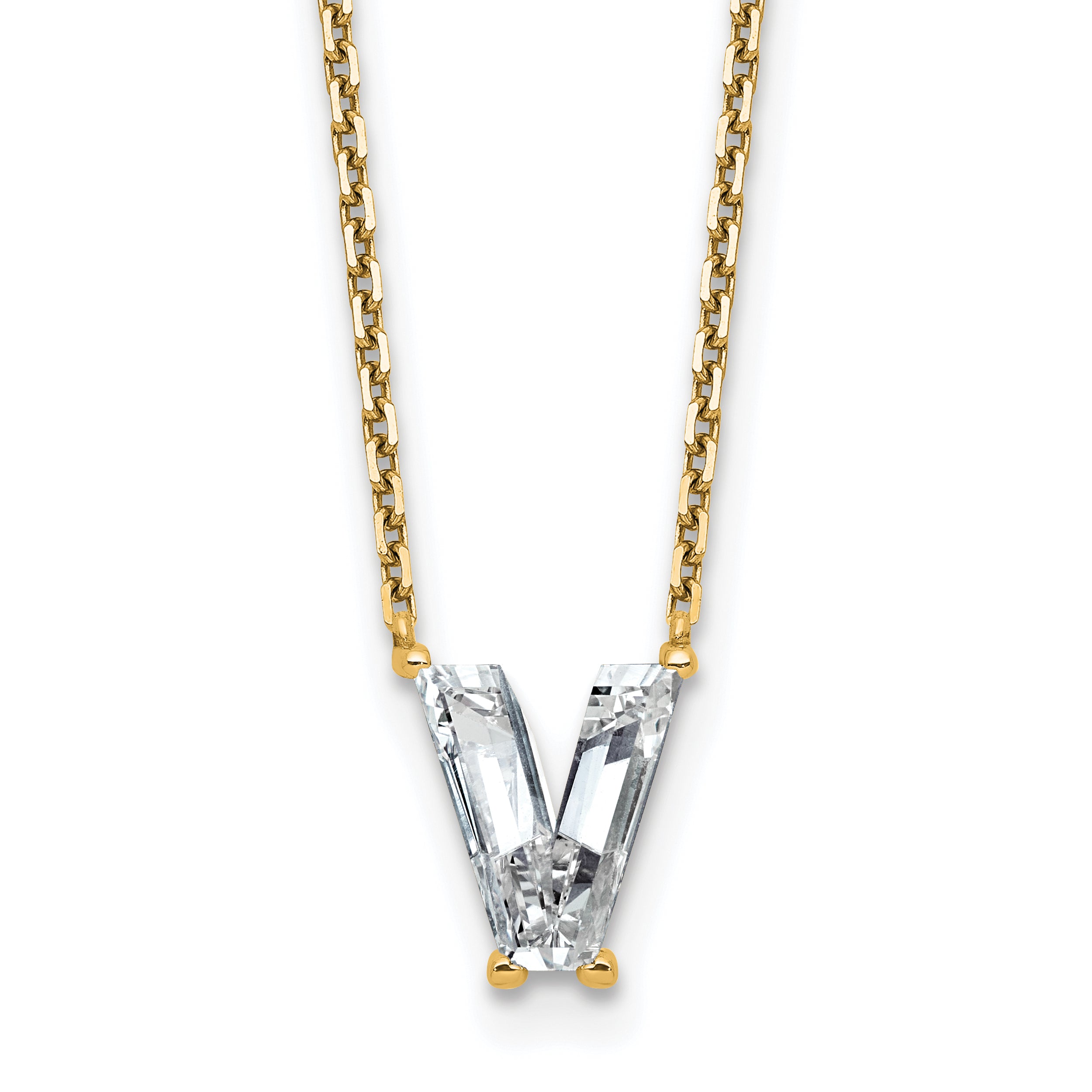 14k 1 3/4 carat Lab Grown Diamond VS+ F+ Complete Letter V Single Stone 18 inch Initial Necklace