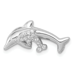 14k White Gold Diamond Mother and Baby Dolphins Chain Slide