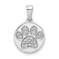 14k White Gold Diamond Paw Print in Circle Pendant