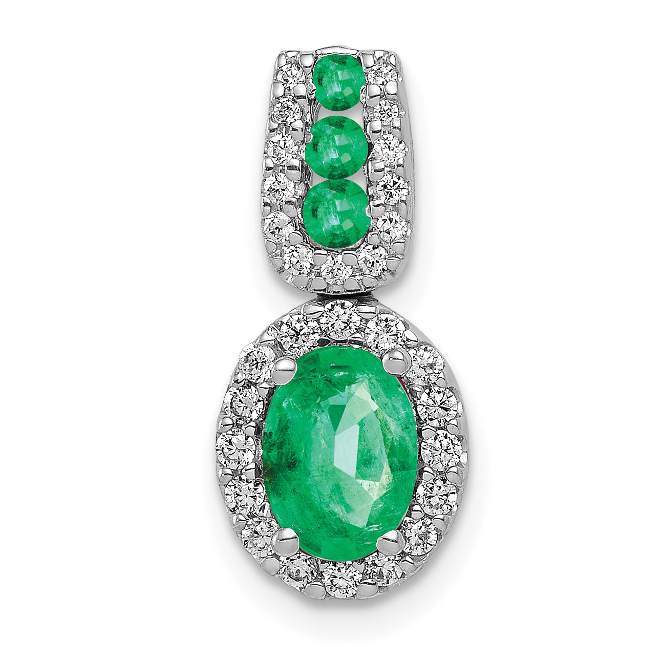 14k White Gold 1/5 carat Lab Grown Diamond VS/SI+ G+ and Lab Created Emerald Oval Halo Pendant