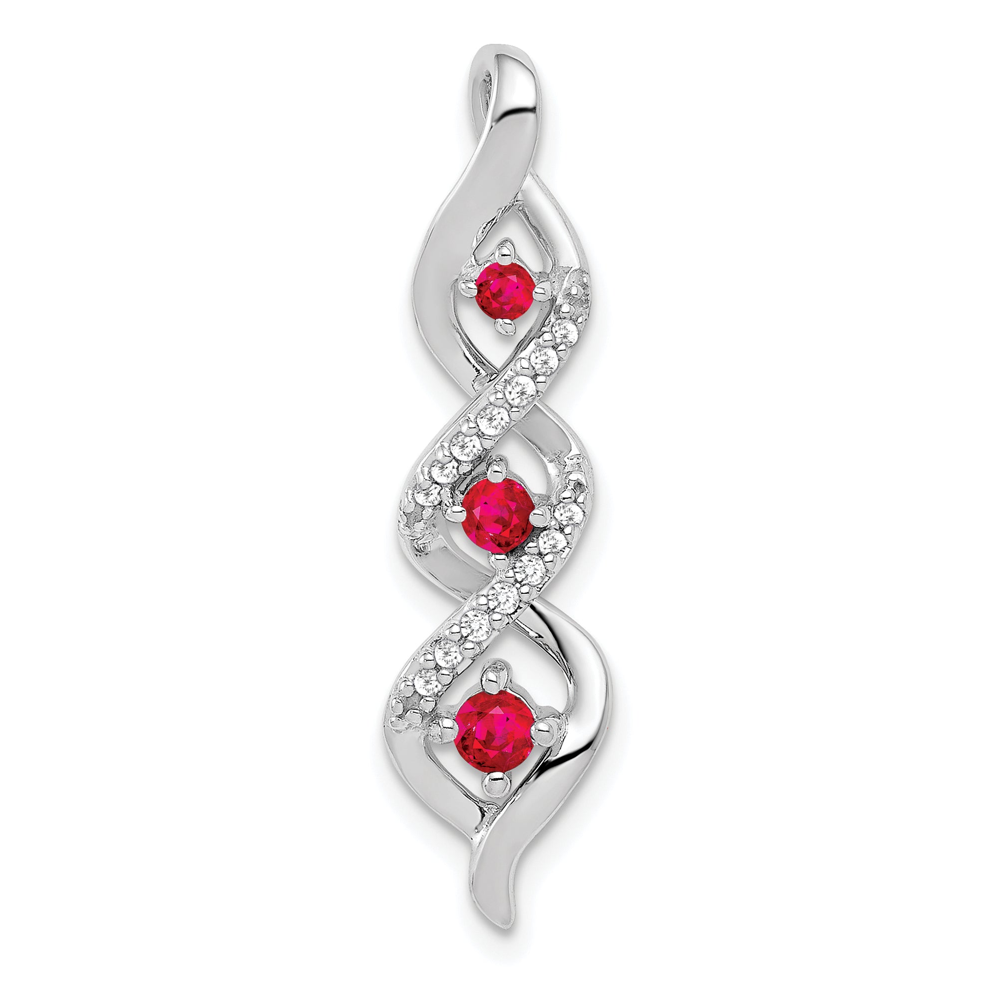 14k White Gold 1/15 carat Lab Grown Diamond VS/SI+ G+ and Lab Created Ruby Twist Chain Slide Pendant