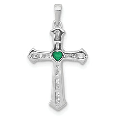 14k White Gold 1/5 carat Lab Grown Diamond VS/SI+ G+ and Lab Created Emerald Complete Cross Pendant
