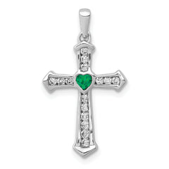 14k White Gold 1/5 carat Lab Grown Diamond VS/SI+ G+ and Lab Created Emerald Complete Cross Pendant