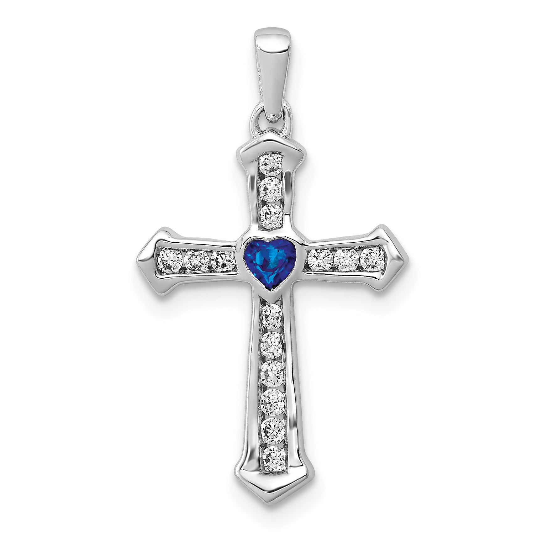 14k White Gold 1/5 carat Lab Grown Diamond VS/SI+ G+ and Lab Created Blue Sapphire Complete Cross Pendant