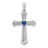 14k White Gold 1/5 carat Lab Grown Diamond VS/SI+ G+ and Lab Created Blue Sapphire Complete Cross Pendant