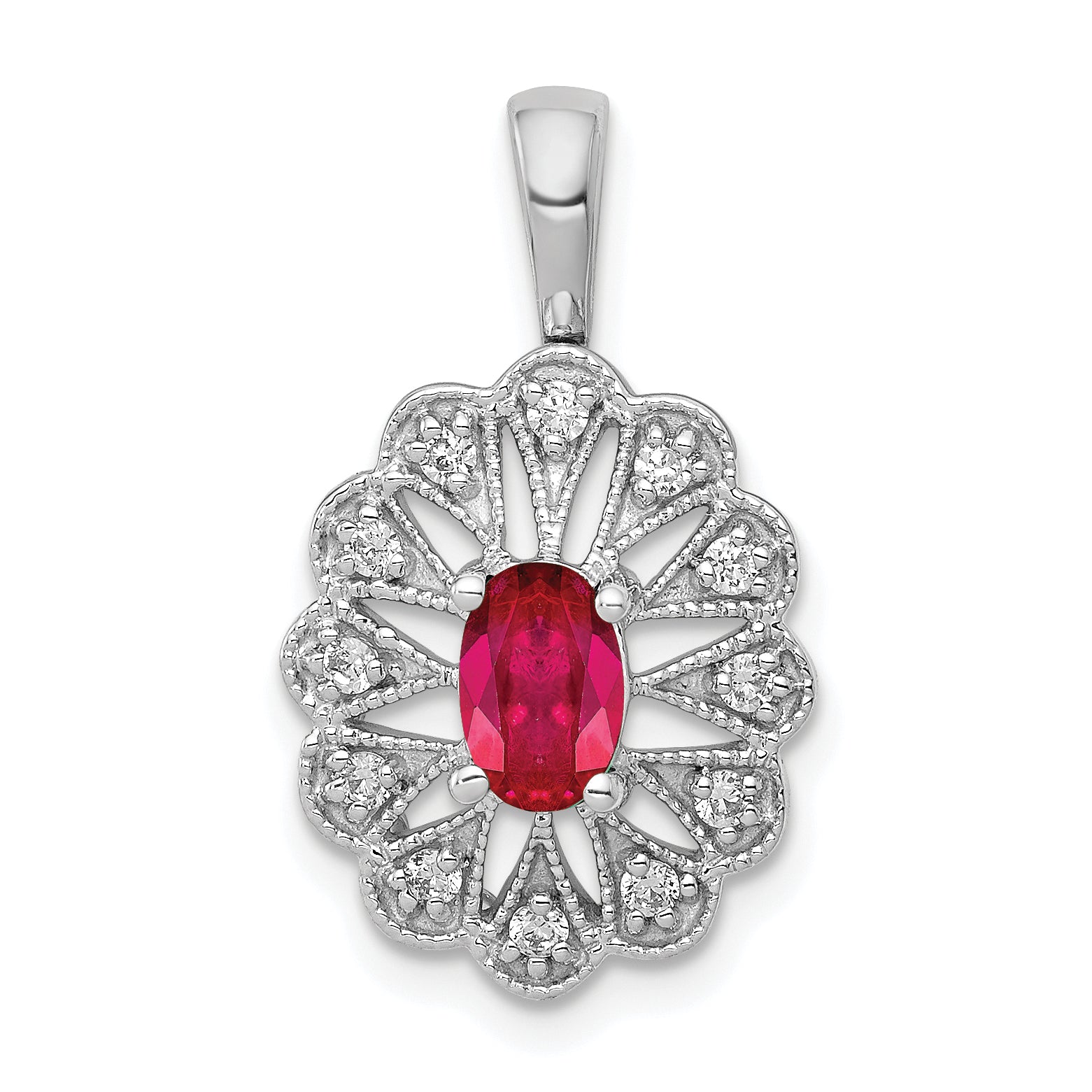 14k White Gold 1/6 carat Lab Grown Diamond VS/SI+ G+ and Lab Created Ruby Pendant