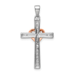14k Two Tone Rose and White Gold 1/8 carat Lab Grown Diamond VS/SI+ G+ Complete Cross with Heart Pendant