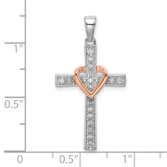 14k Two Tone Rose and White Gold 1/8 carat Lab Grown Diamond VS/SI+ G+ Complete Cross with Heart Pendant