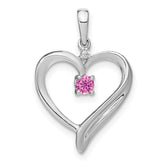 14k White Gold Created Pink Sapphire and Diamond Heart Pendant