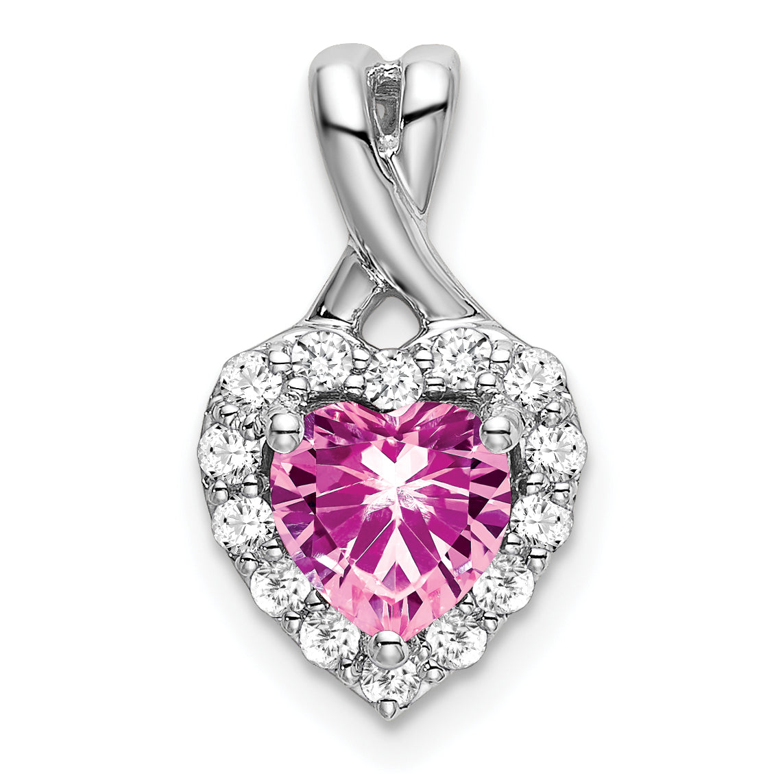 14k White Gold 1/5 carat Lab Grown Diamond VS/SI+ G+ and Lab Created Pink Sapphire Complete Fashion Heart Pendant