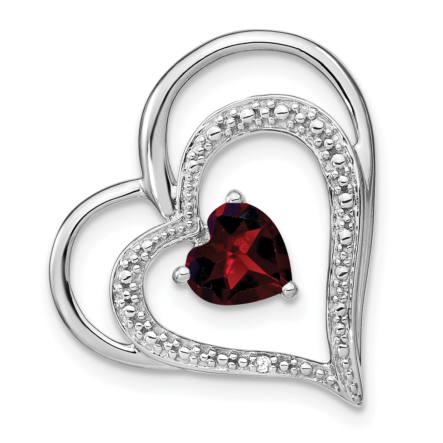 14k White Gold Garnet and Diamond Heart Chain Slide