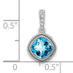 10k White Gold Cushion Blue Topaz and Diamond Pendant
