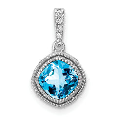 10k White Gold Cushion Blue Topaz and Diamond Pendant