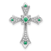 10K White Gold Emerald and Diamond Fleur de Lis Cross Chain Slide