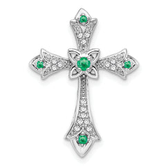 10K White Gold Emerald and Diamond Fleur de Lis Cross Chain Slide