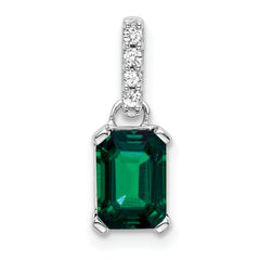 10k White Gold Created Emerald and Diamond Pendant