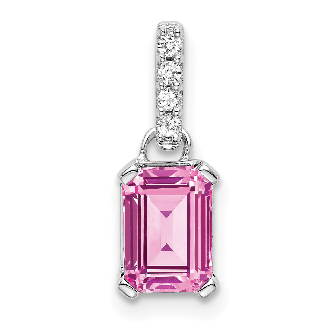 10k White Gold Created Pink Sapphire and Diamond Pendant