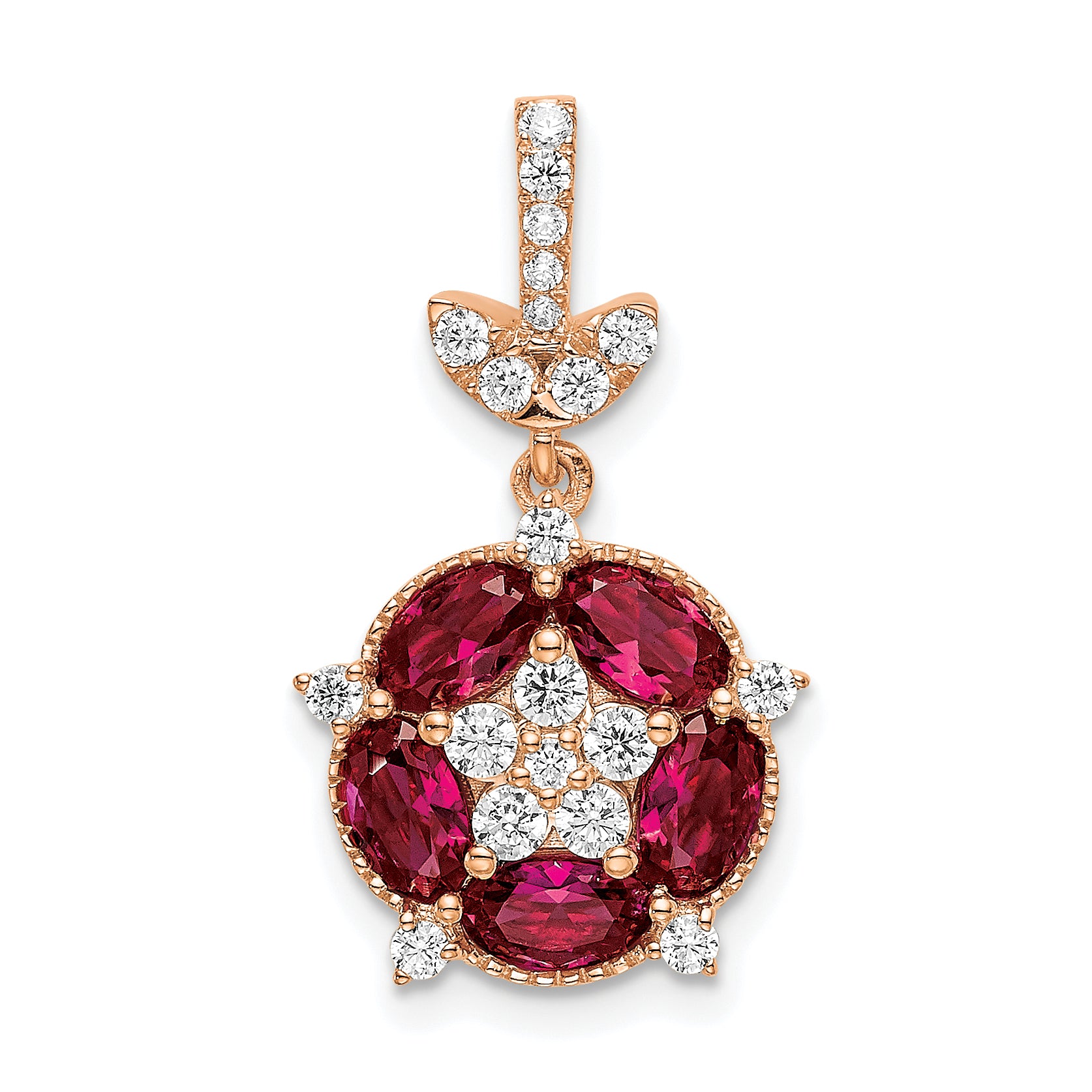 14k White Gold 1/3 carat Lab Grown Diamond VS/SI+ G+ and Lab Created Ruby Floral Pendant
