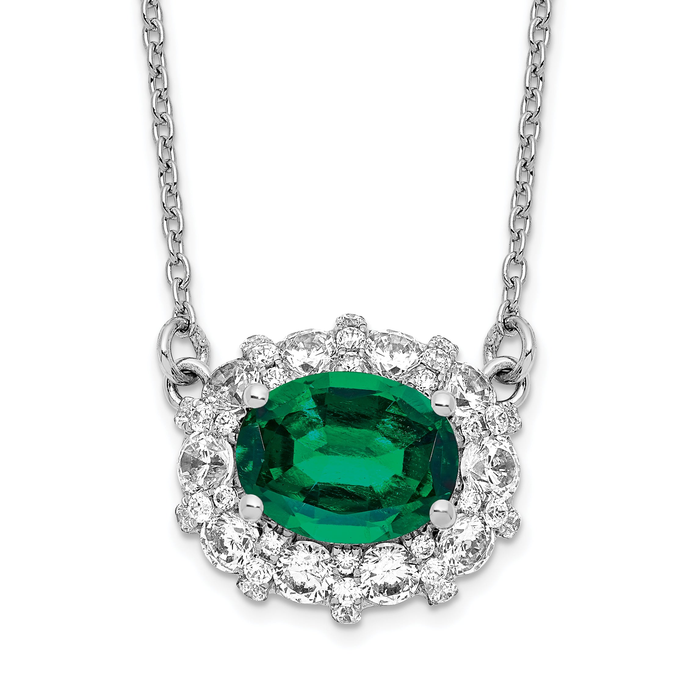 14k White Gold 1 carat Lab Grown Diamond VS/SI+ G+ and Created Emerald Complete 18 inch Necklace