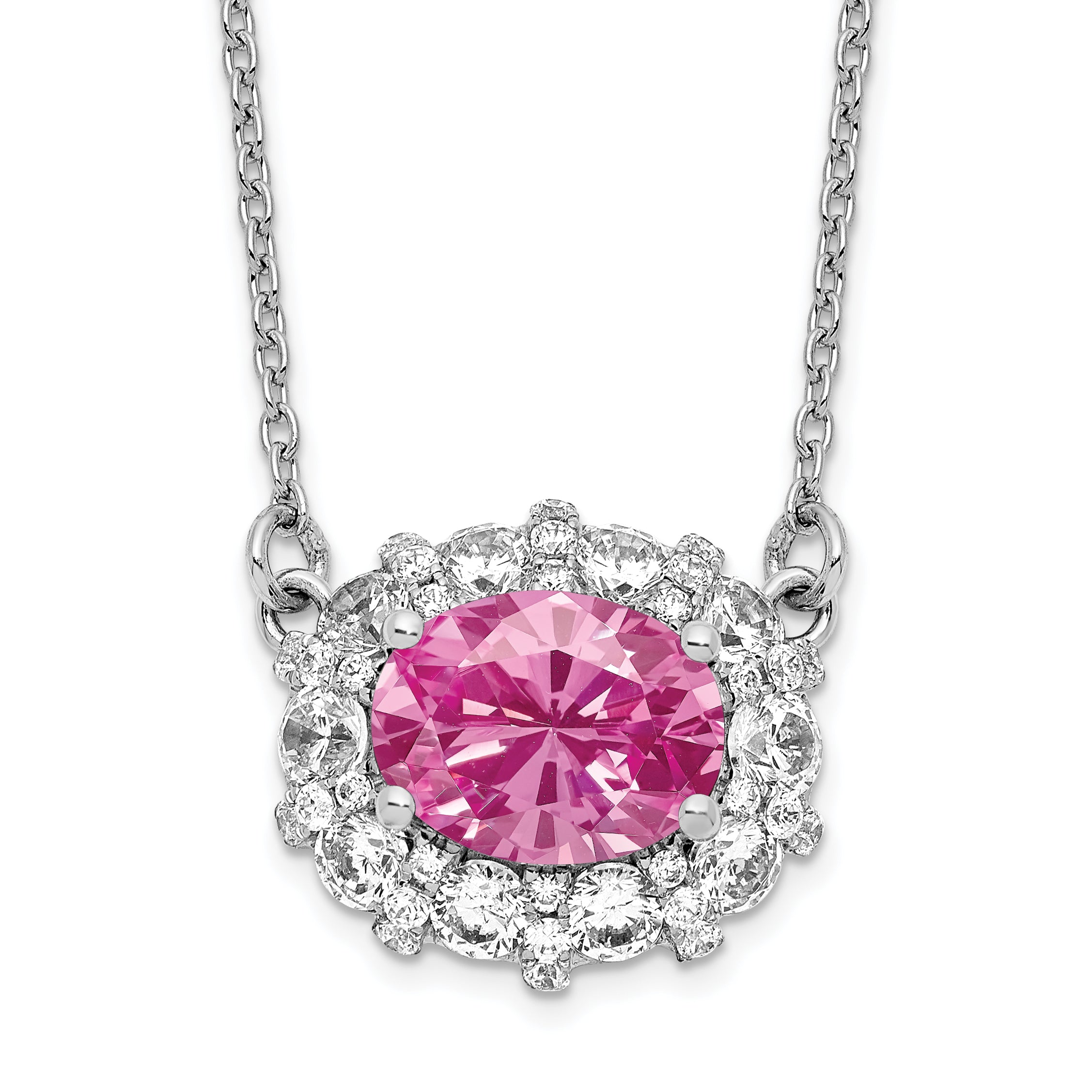 14k White Gold 1 carat Lab Grown Diamond VS/SI+ G+ and Created Pink Sapphire Complete 18 inch Necklace