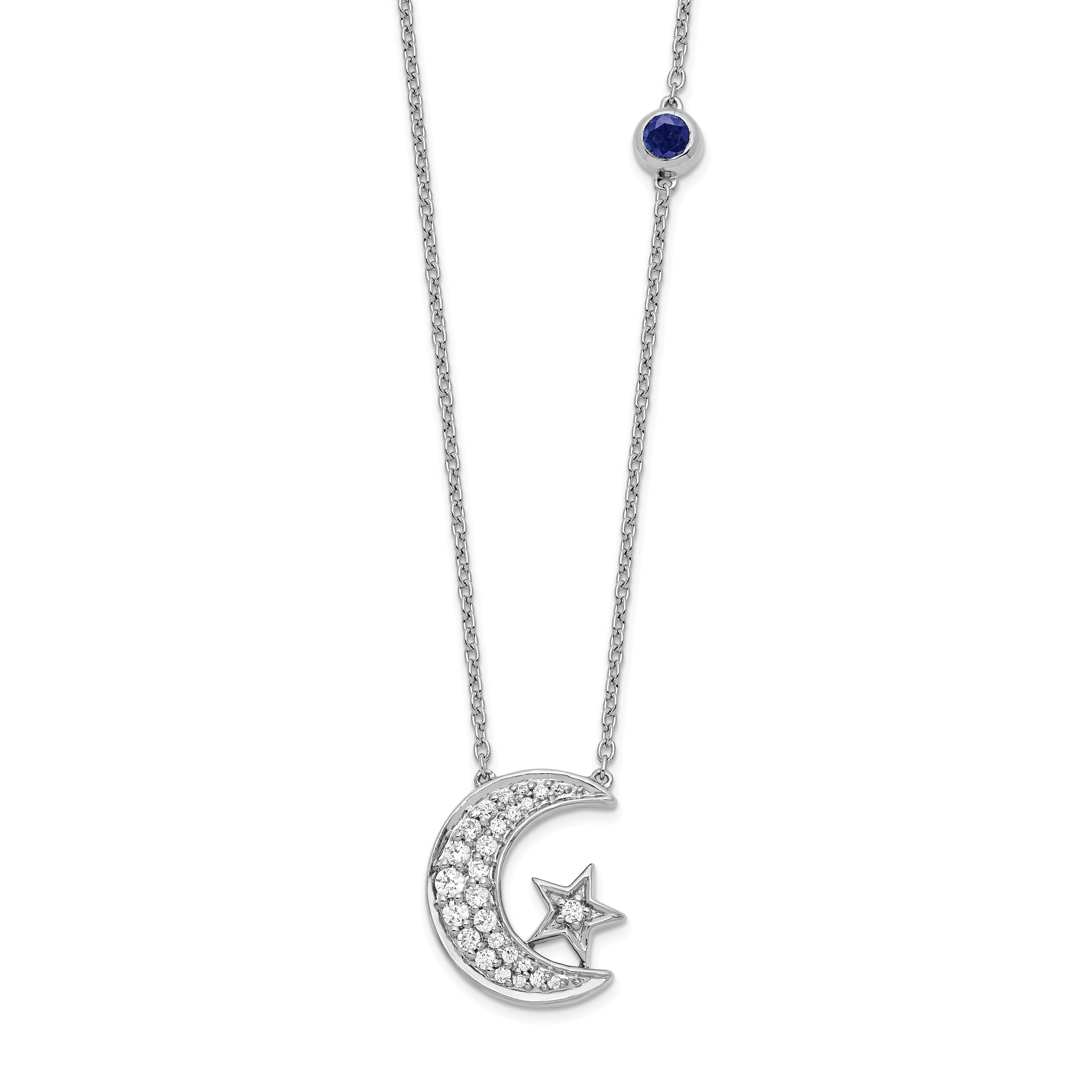 14k White Gold 1/5 carat Lab Grown Diamond VS/SI+ G+ Complete Moon and Star with Created Sapphire Accent 18 inch Necklace
