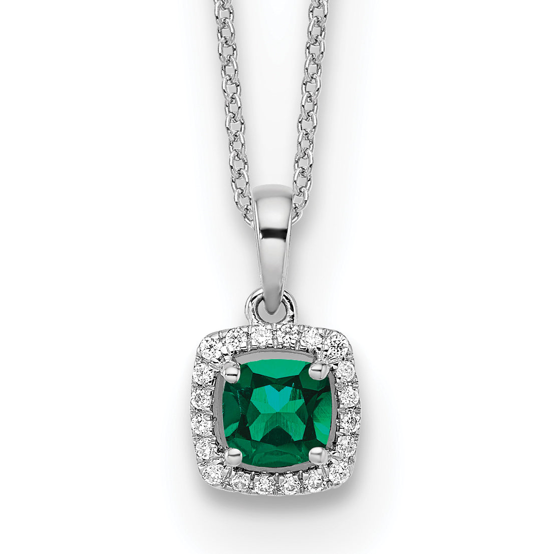 10k White Gold 1/10 carat Lab Grown Diamond VS/SI+ G+ and Created Emerald Complete 18 inch Pendant Necklace
