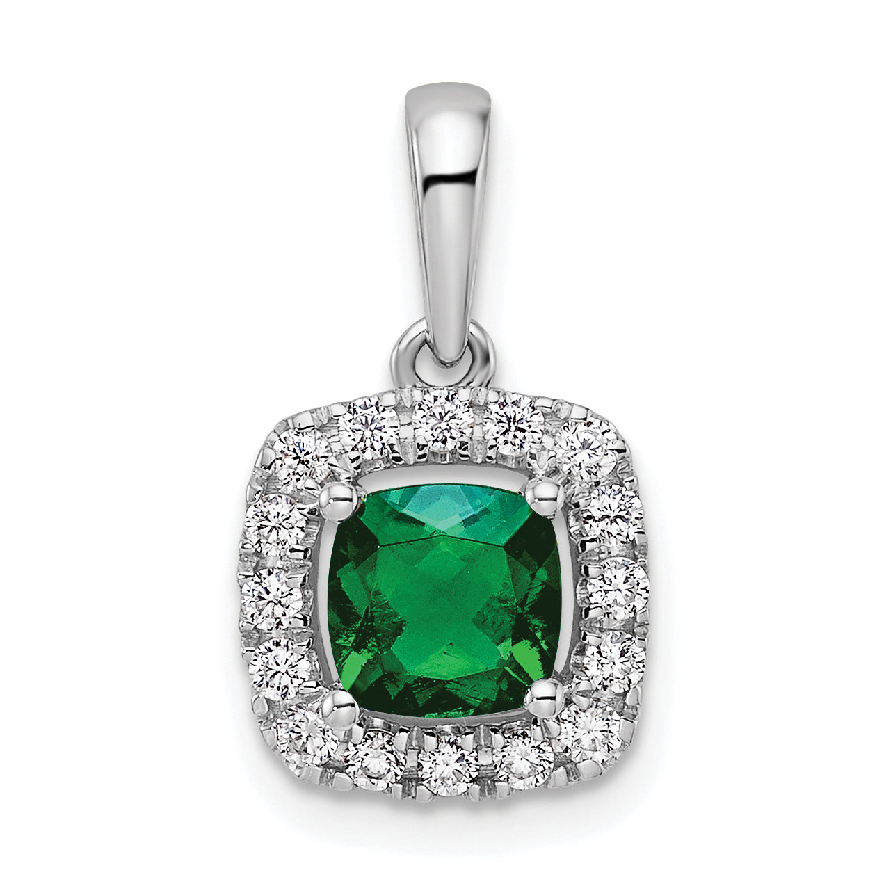 14k White Gold 1/4 carat Lab Grown Diamond VS/SI+ G+ May Birthstone Lab Created Emerald Halo Pendant