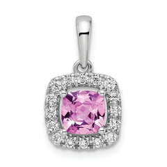 14k White Gold 1/4 carat Lab Grown Diamond VS/SI+ G+ October Birthstone Lab Created Pink Sapphire Halo Pendant