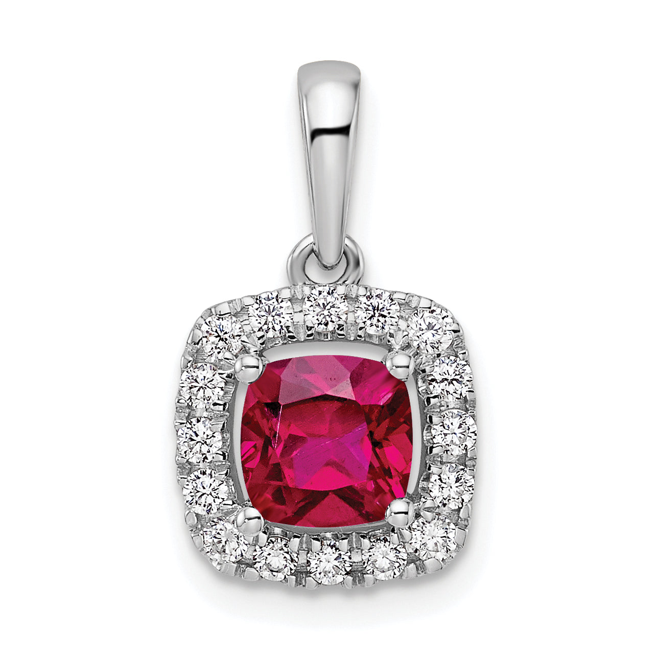 14k White Gold 1/4 carat Lab Grown Diamond VS/SI+ G+ July Birthstone Lab Created Ruby Halo Pendant
