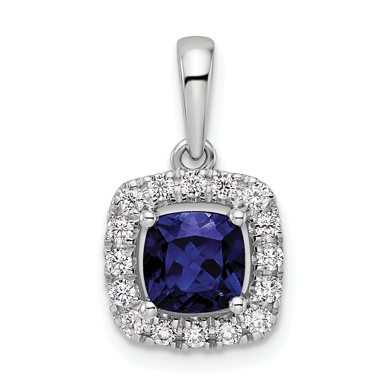 14k White Gold 1/4 carat Lab Grown Diamond VS/SI+ G+ September Birthstone Lab Created Blue Sapphire Halo Pendant