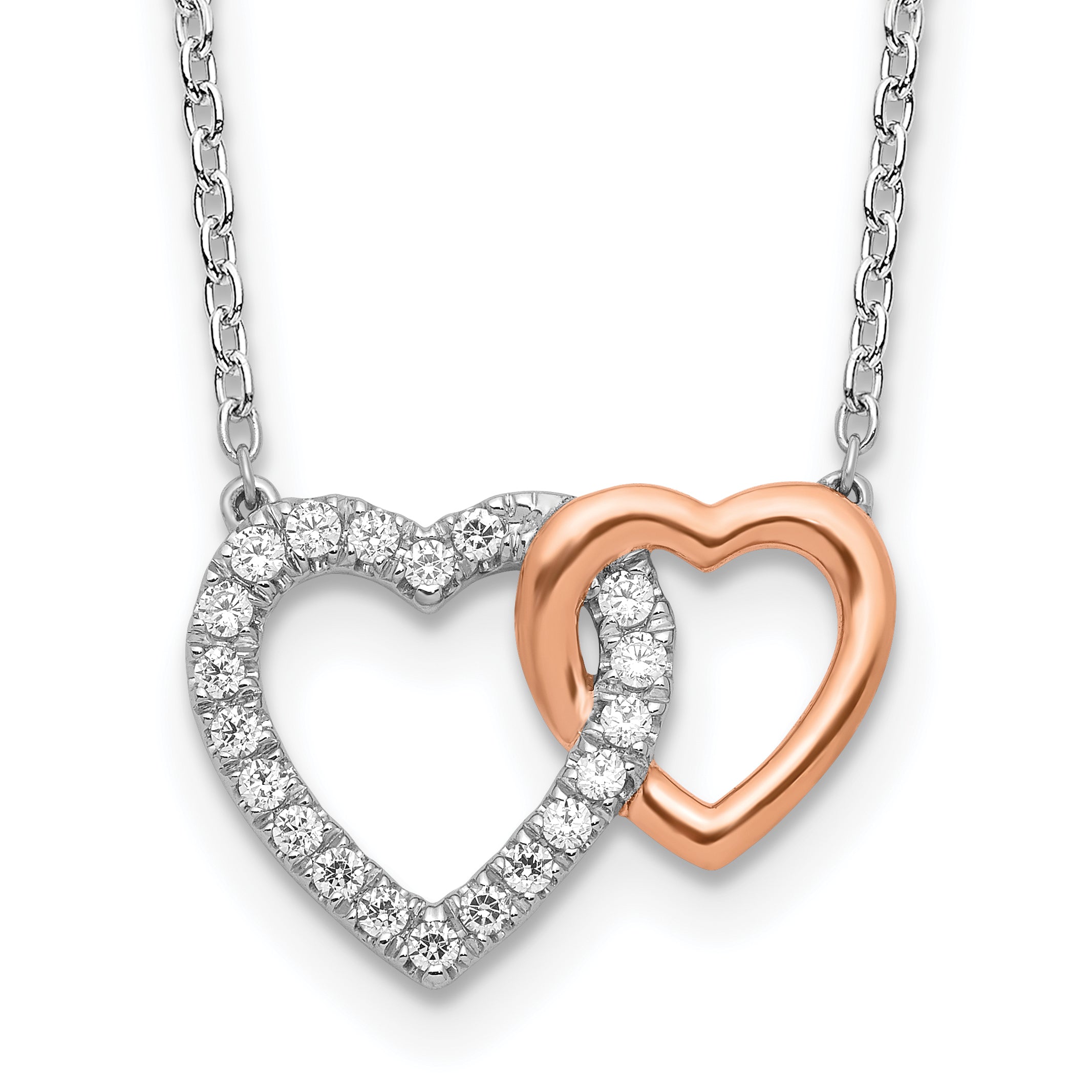 14k Two-Tone Rose and White Gold 1/5 carat Lab Grown Diamond VS/SI+ G+ Complete 18 inch Interlocking Heart Necklace