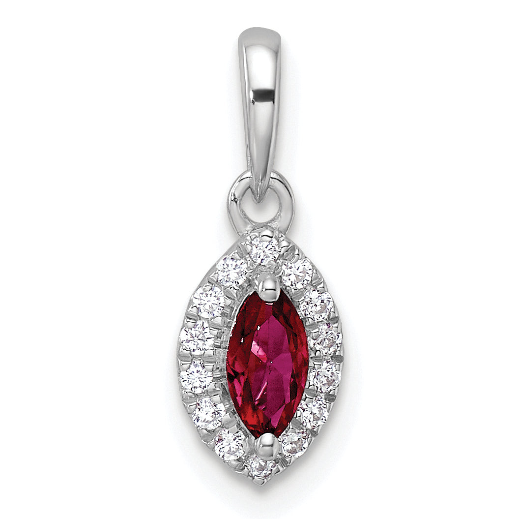 14k White Gold 1/10 carat Lab Grown Diamond VS/SI+ G+ and Lab Created Ruby July Birthstone Pendant