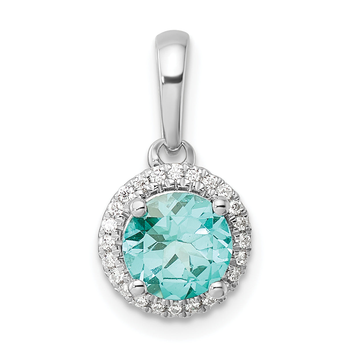 Pure Serenity 14k White Gold 1/10 carat Lab Grown Diamond VS/SI+ G+ and Lab Created Paraiba Halo Pendant