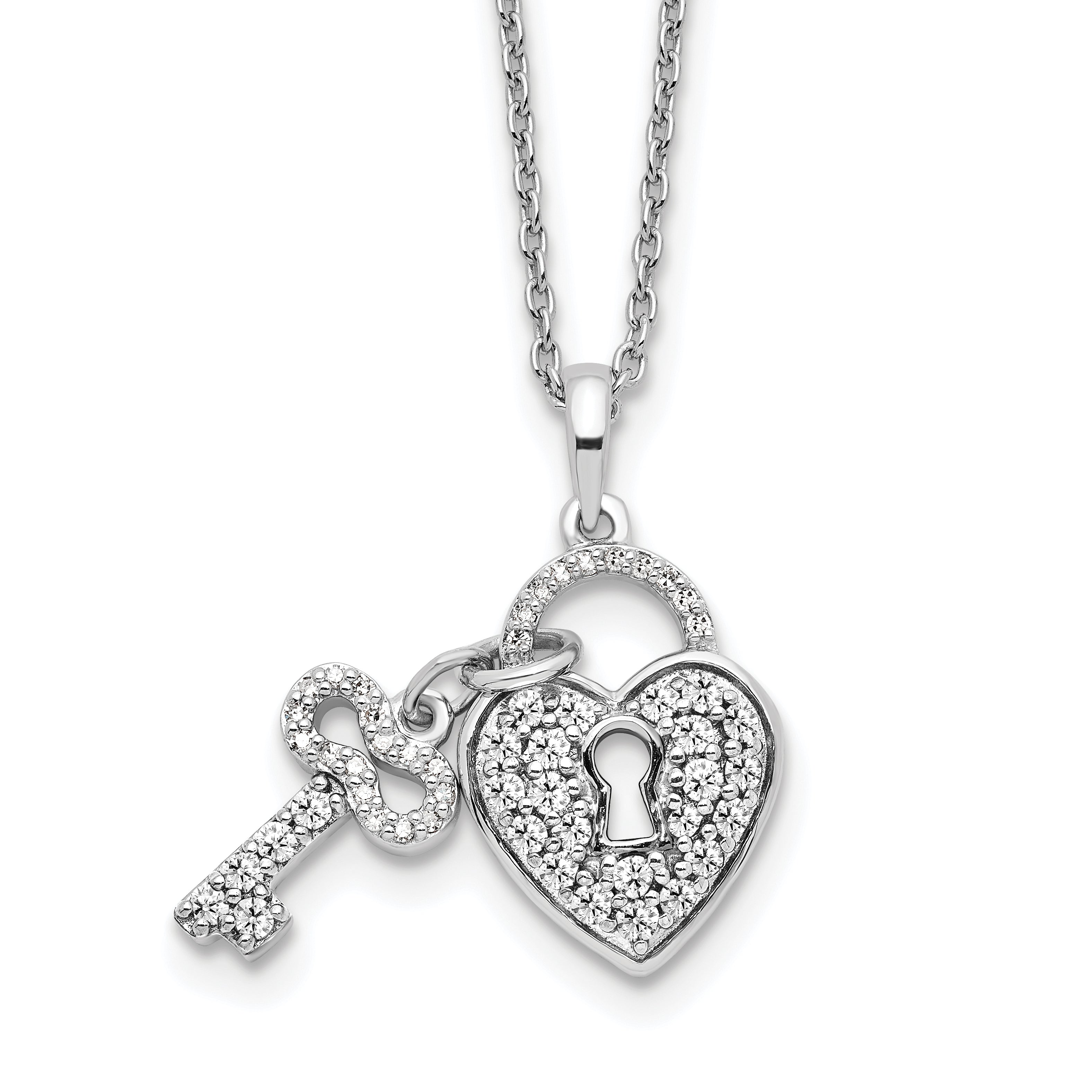 14k White Gold 1/2 carat Lab Grown Diamond VS/SI+ G+ Complete 18 inch Heart Lock and Key Necklace