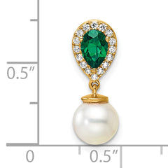 14K Polished Diamond Pearl and Emerald Teardrop Chain Slide