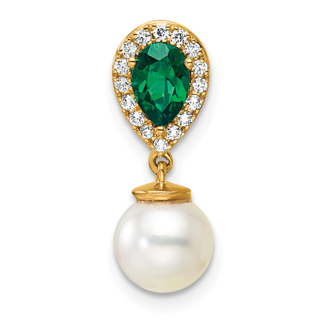 14K Polished Diamond Pearl and Emerald Teardrop Chain Slide