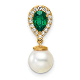 14K Polished Diamond Pearl and Emerald Teardrop Chain Slide