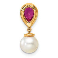 14K Polished Diamond Pearl and Ruby Teardrop Chain Slide