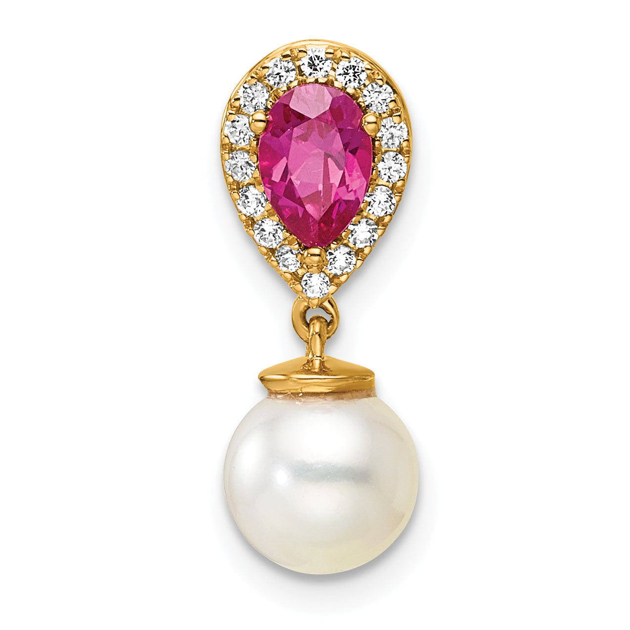 14K Polished Diamond Pearl and Ruby Teardrop Chain Slide