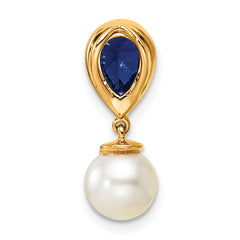 14K Polished Diamond Pearl and Sapphire Teardrop Chain Slide
