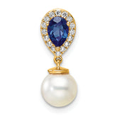 14K Polished Diamond Pearl and Sapphire Teardrop Chain Slide