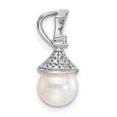 14K White Gold Polished 1/8 carat Diamond and White Freshwater Cultured Pearl Chain Slide