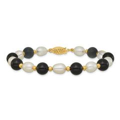 14k 6-7mm White Rice Freshwater Cultured Pearl and Onyx Beaded 8 inch Bracelet