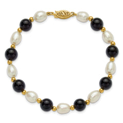 14k 6-7mm White Rice Freshwater Cultured Pearl and Onyx Beaded 8 inch Bracelet