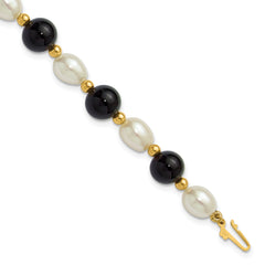 14k 6-7mm White Rice Freshwater Cultured Pearl and Onyx Beaded 8 inch Bracelet