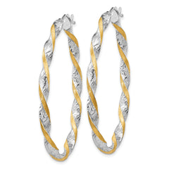 14k White Gold & Yellow Rhodium Twisted D/C Oval Hoop Earrings