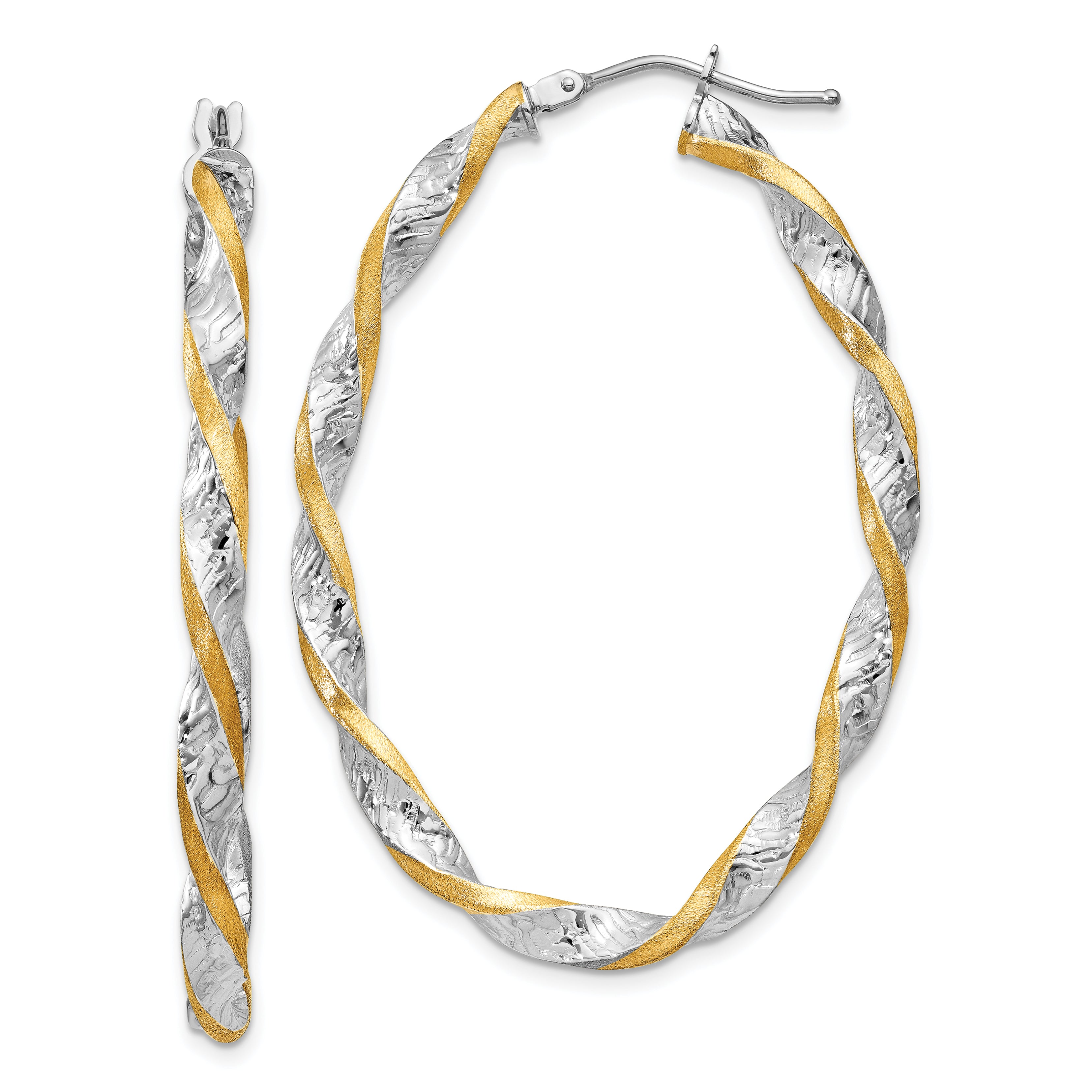 14k White Gold & Yellow Rhodium Twisted D/C Oval Hoop Earrings