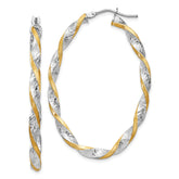 14k White Gold & Yellow Rhodium Twisted D/C Oval Hoop Earrings
