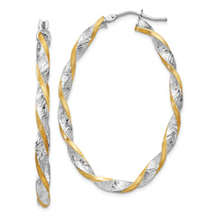 14k White Gold & Yellow Rhodium Twisted D/C Oval Hoop Earrings